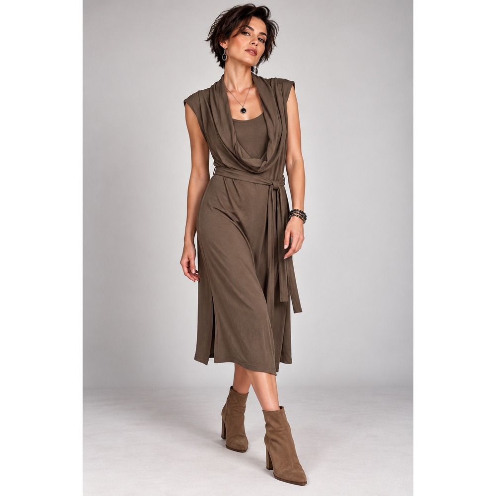 Sharagano M Mocha Draped Cowl Neck Sleeveless Midi Dress